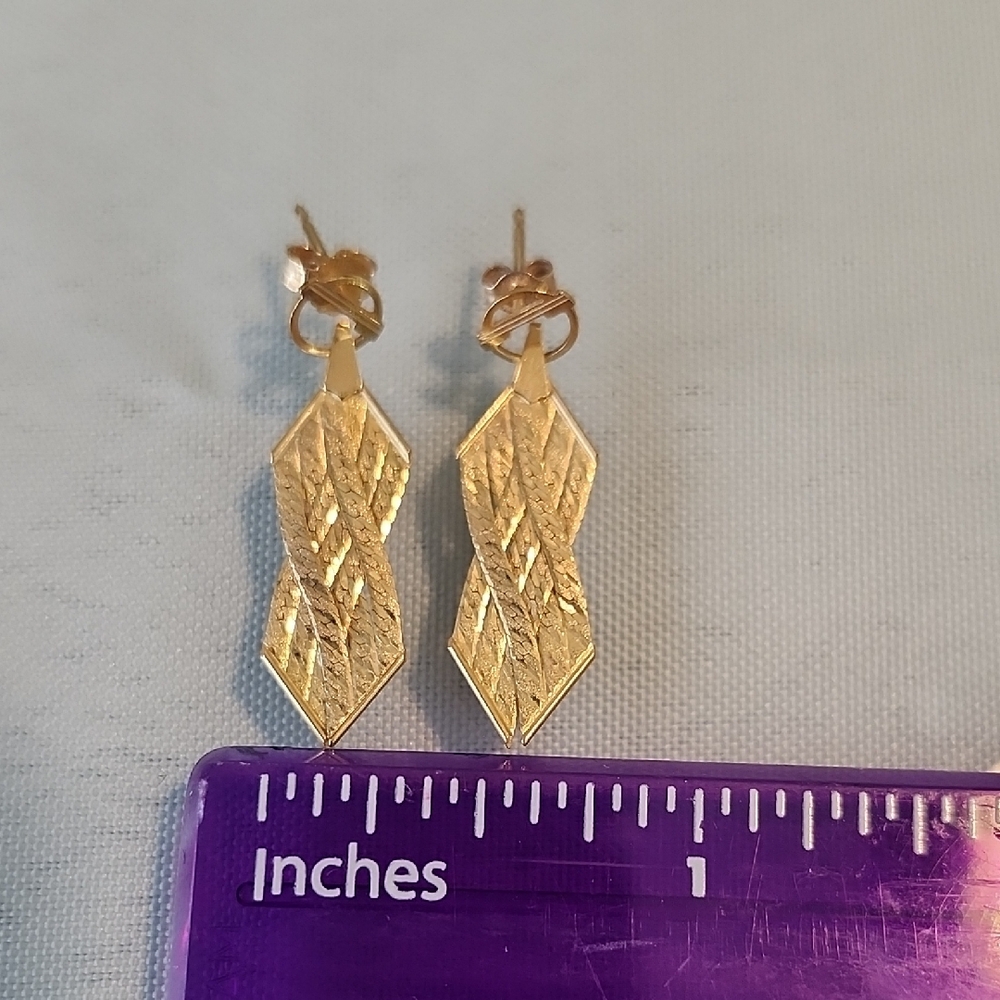 14K Gold Vintage Elegant Solid Gold Braided Herringbone Dangle Pierced Earrings - Picture 14 of 15